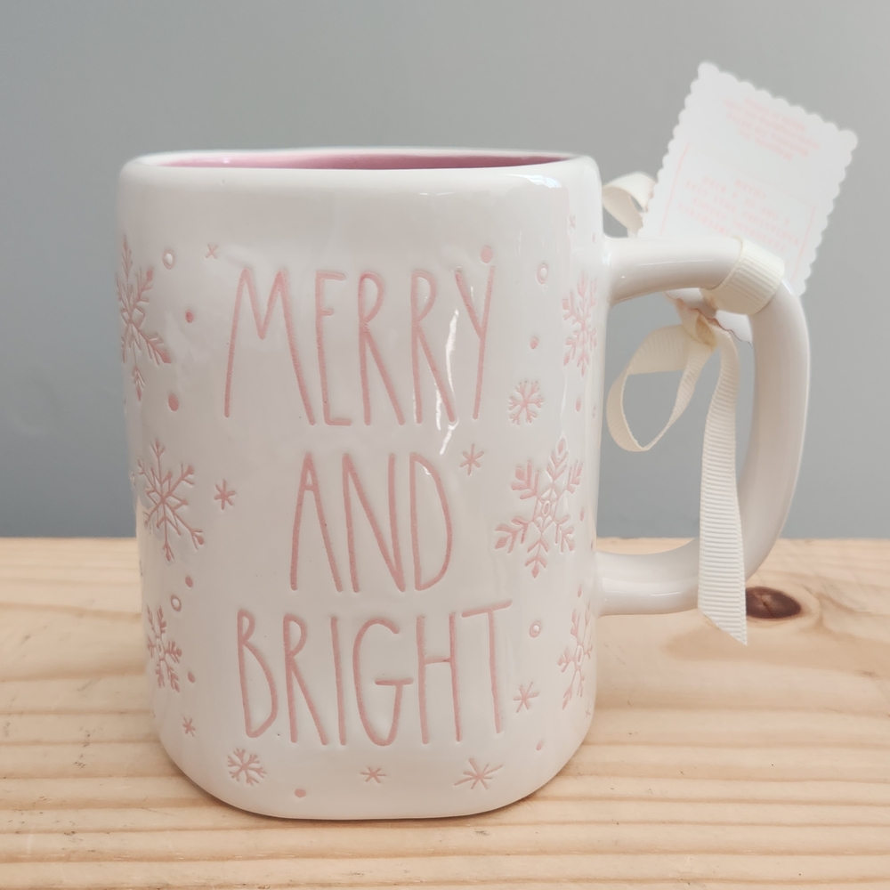 Rae Dunn Snowflake Merry and Bright Pink & Cream Winter Holiday Ceramic Mug NWT